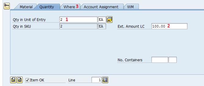 OLD_SPARES ). On tab Quantity specify the quantity (1) of the material and its value (refer to Data Preparation section) (2).