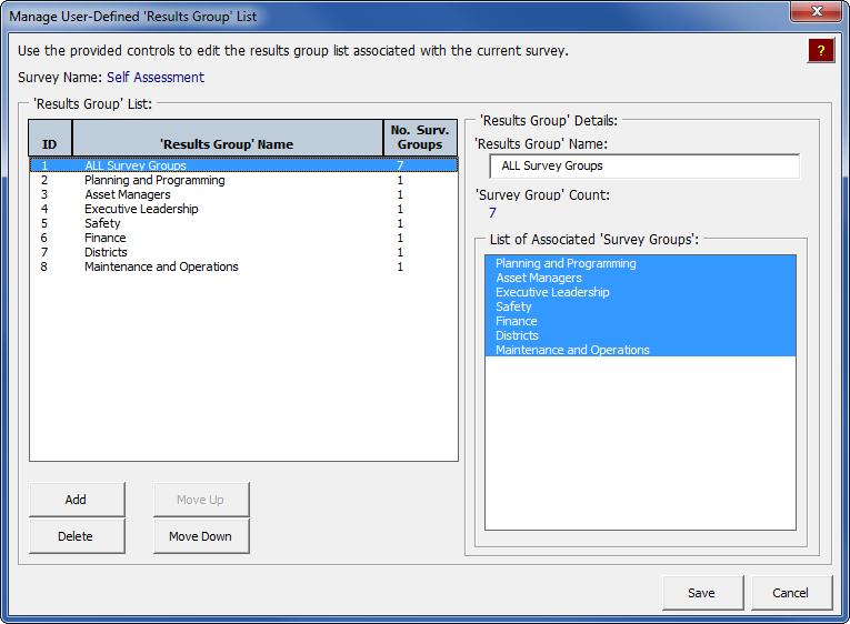 August 2014 Transportation Asset Management Gap Analysis Tool User s Guide Figure 2-42. Example of the Manage User-Defined Results Group List dialog box.