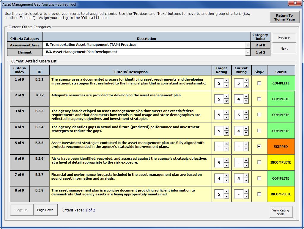 August 2014 Transportation Asset Management Gap Analysis Tool User s Guide Figure 3-12. Example of the Survey page of the User Survey Workbook.