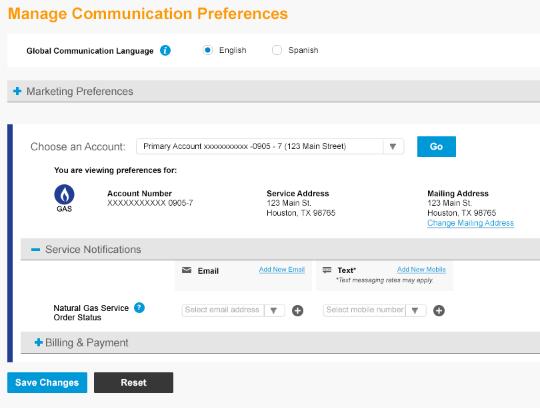 Proactive Communications - Enabling Gas Notifications Preference Center provides ability for existing gas customers to enable communications Notifications available by email and text message