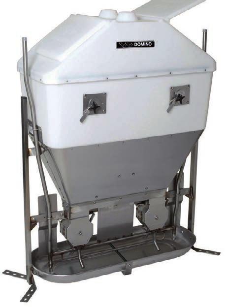 Pig Hoppers 50 YEARS Double Sided Stainless Steel Feeder For pigs from 7-125kg Shelf feeding with drinker in each feed space Precise feed flow regulation system for different types of