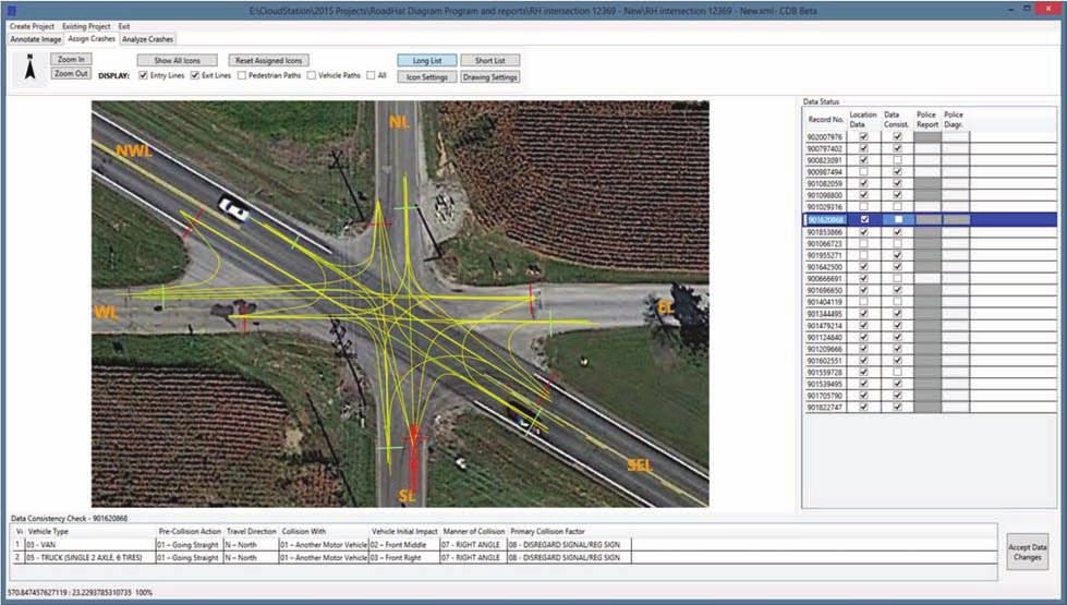 Figure II.11 Example of identified data inconsistency. A single vehicle is present in the grid if the crash involved only one vehicle.