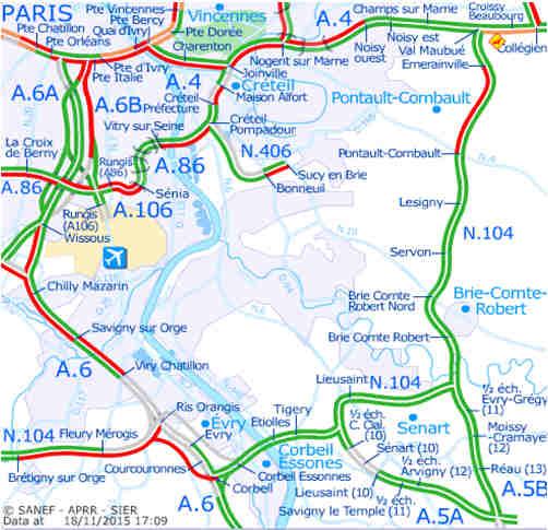 Figure 3-10 Map showing the approximate location for the filling station in Rungis, France. The roads marked in red and green correspond to the high and medium rate of vehicles per road, respectively.