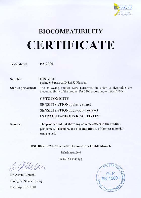 Zertifikat Biokompatibilität PA 2200