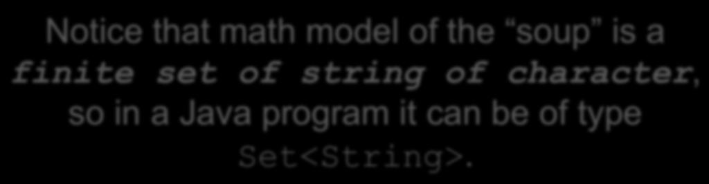 model of the soup is a finite set of string of character, so in a Java program it can