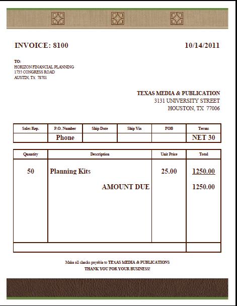 Transaction Detail Received Planning Kits with the bill from Texas Media &