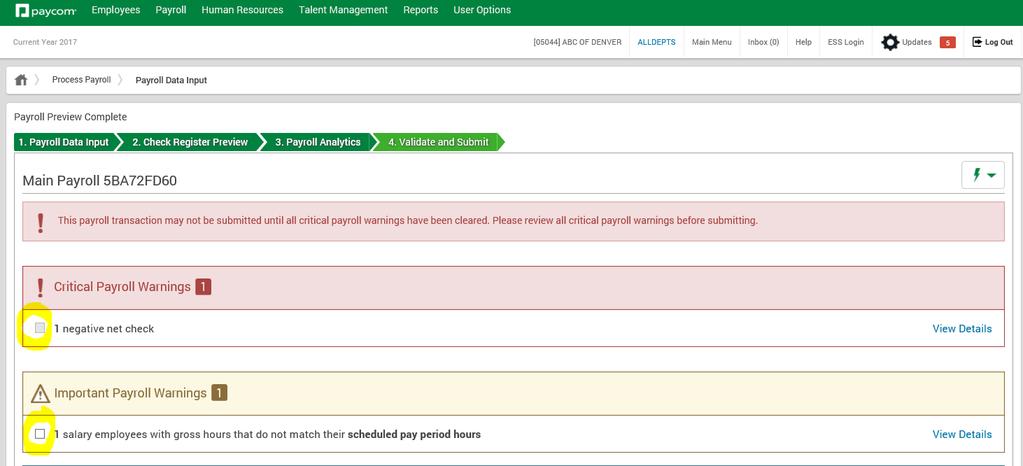 16. Once you have fully investigated all warnings and marked them off, you can submit your payroll by