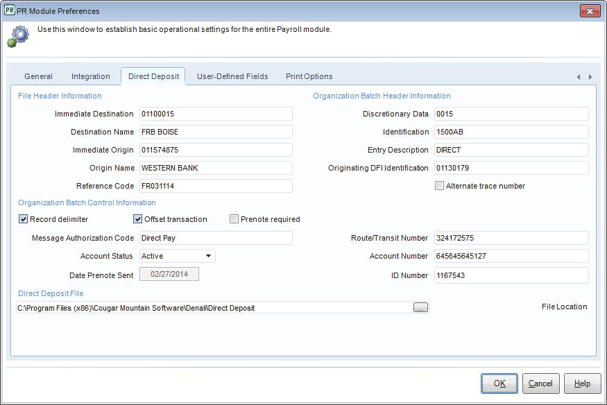 Figure 5: PR Module Preferences window, Direct Deposit tab Your system is now set up to process direct deposit payroll.