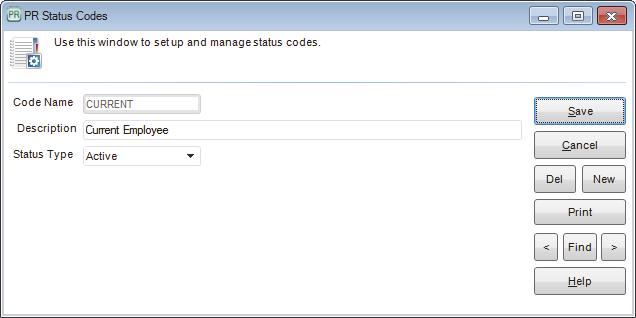 Figure 15: PR Status Codes window 2 Enter a unique Code of up to ten characters and a meaningful description. 3 From the drop-down, select the status type for this Code.