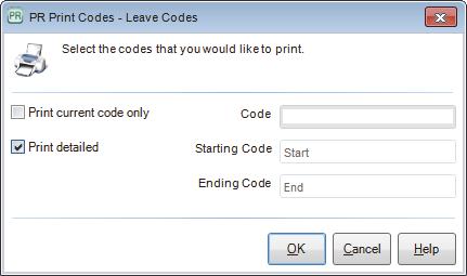 Figure 16: PR Print Codes window 3 Select the Print Current Code Only check box to print a report for a single code. If the check box is not checked, you can select a range of codes to print.
