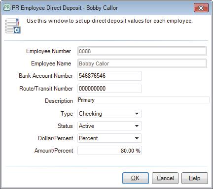Figure 28: PR Employee Direct Deposit window 5 In the PR Employee Direct Deposit window, enter the bank information and the amount/percent for this deposit.