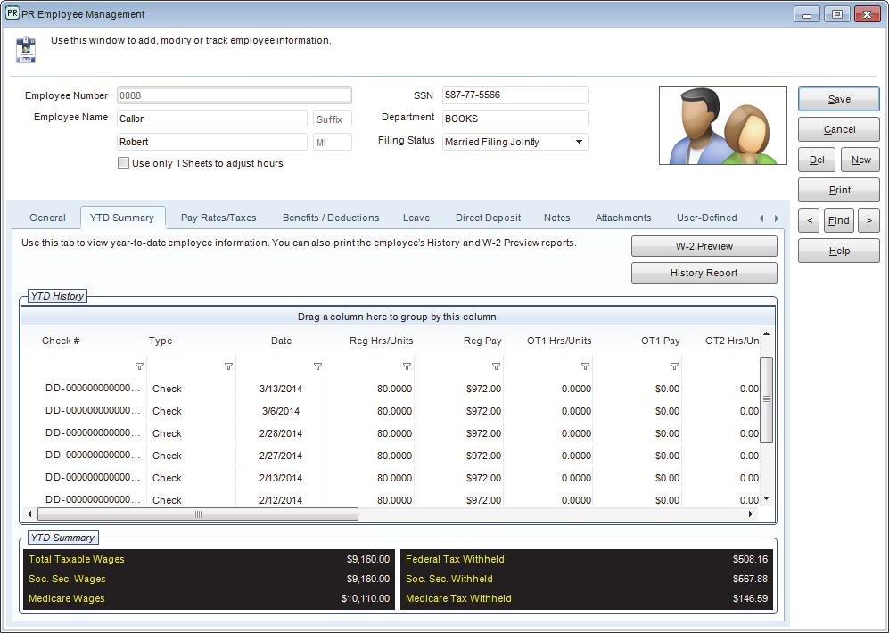 To view history information for an employee, select Employees > Add / Change Employee Records from the navigation pane and select the YTD Summary tab in the PR Employee Management window.