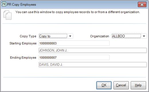 2 In the PR Renumber Employee Records window, enter the employee number you want to change in the Old Employee Number field. 3 Enter the new employee number in the New Employee Number field.
