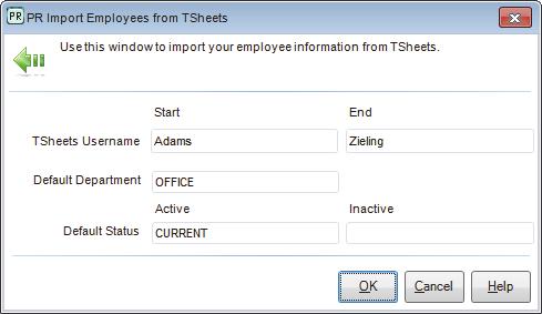 Figure 37: PR Import Employees from TSheets 3 Type in the range of TSheets Usernames you want to import. These become Employee Numbers in Denali.