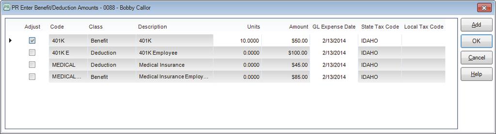 Figure 48: PR Enter Benefit/Deduction Amounts window Select the Adjust check box next to the row you want to edit. The read-only fields remain gray and you cannot edit them.