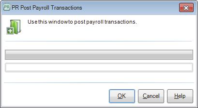 Figure 56: PR Post Payroll Transactions window When posting is complete, the system clears the transaction files and generates posting/audit reports.