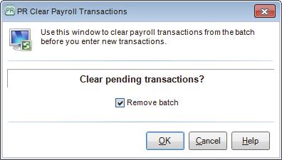 Clearing Payroll If you need to clear transactions from the batch or delete the batch, use the PR Clear Payroll Transactions window.