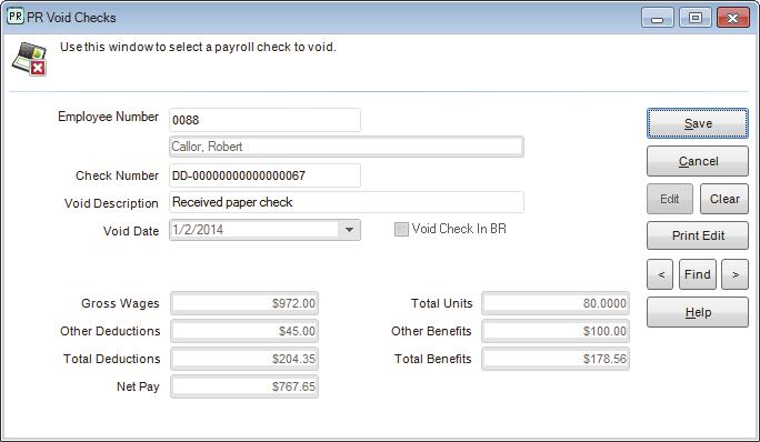 Figure 59: PR Void Checks window 2 If you want to filter the available check numbers by employee, you can type the employee number or use the Lookup to select the employee in the Employee Number