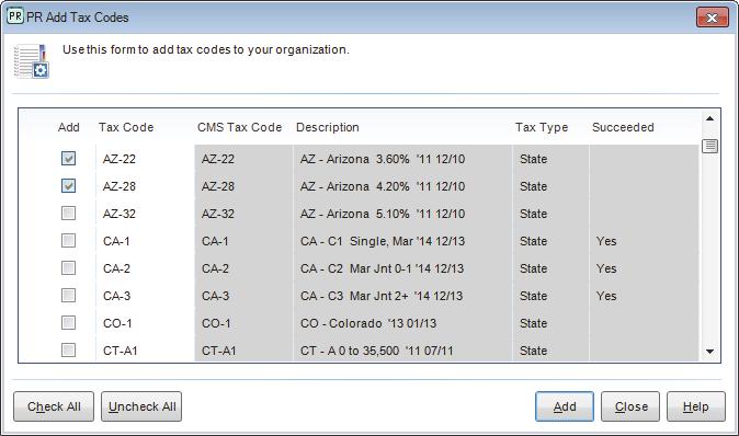 CMS Tax Code, you must manually update your Tax Code. 5 The Update Available column displays Yes for all of the Tax Codes that have an update available.