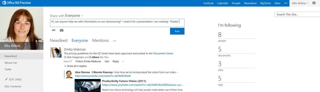 O365 + SharePoint Online Social Networking Ask colleagues for expertise