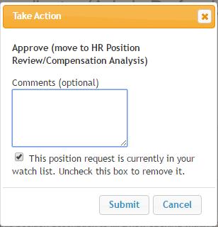 2. In the pop up box, the Hiring Authority may add any additional comments for Human Resources. When ready to move forward, click Submit. 1.