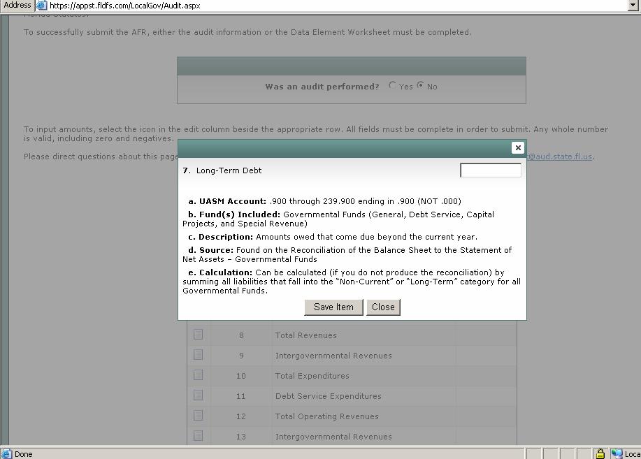 Audit (Continued) 6) Enter the amount in the box on the top right. 7) Once the amount is entered, click Save Item.