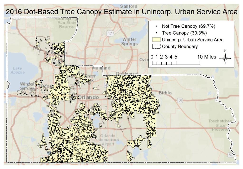 Figure 5 Dot-based tree canopy estimate from 2016 aerial imagery in Unincorporated Urban Service Area. Table 1 Count of canopy and non-canopy of 2016 by two photo-interpreters.