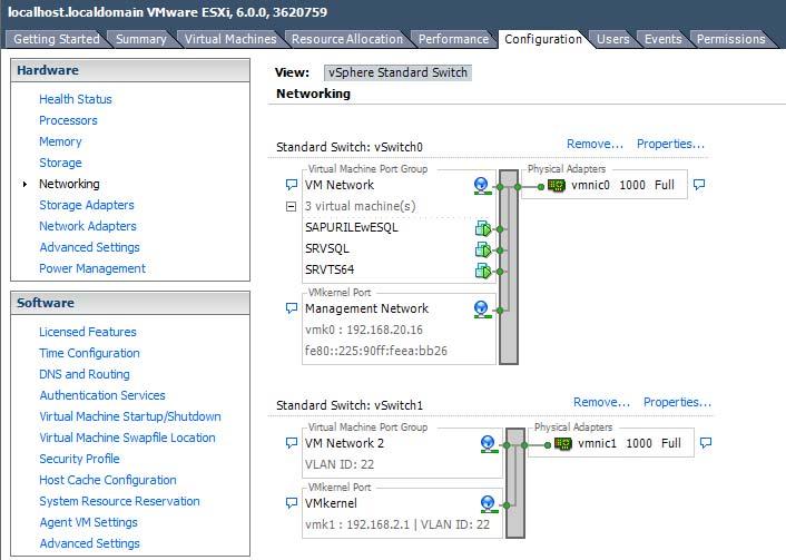 After installation of Datastore within ESXi Host the network assignment and configuration of ESXi Host are presented in Figure 7.