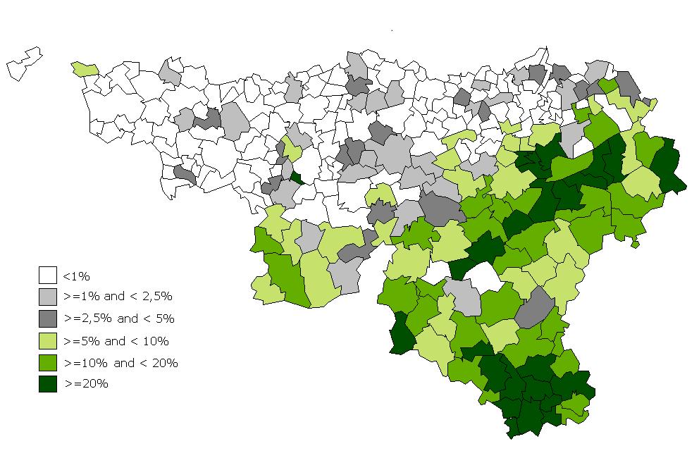 Products - 2013 Organic production Importance of organic production in walloon municipalities (2010) (in % of the communal UAA)* Importance of organically bred livestock** 2013 Number In % total