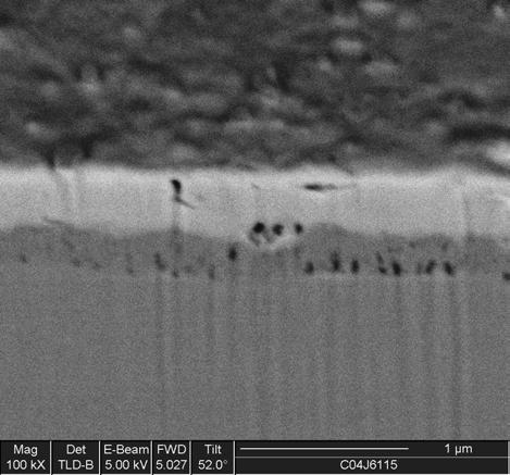 Same Sample Ni--Sn IMC P-enriched layer Ni(P) Another area. Most voids at ENIG side is much smaller in size, ~0.05 µm.