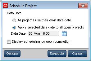 6 - Scheduling the Project At any time, but usually after some or all the activities have been updated, the project is scheduled: Open the Schedule Project form by either: Select Scheduler (F9) icon