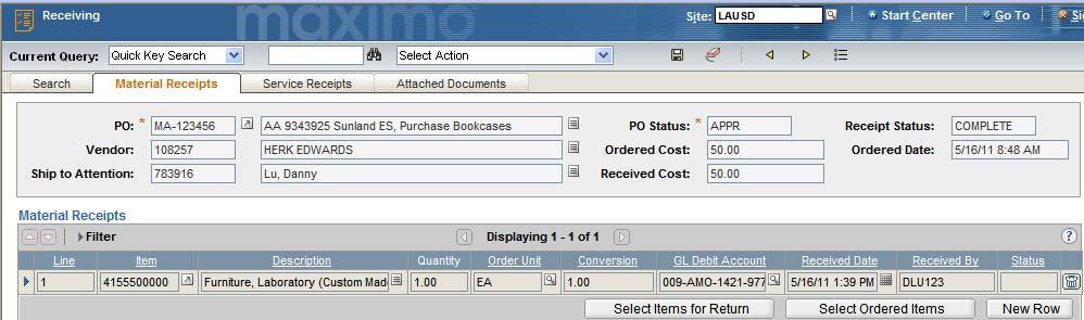 Enter the Packing Slip # (optional) Enter the received quantity Save Click on the Save icon in the Maximo toolbar.
