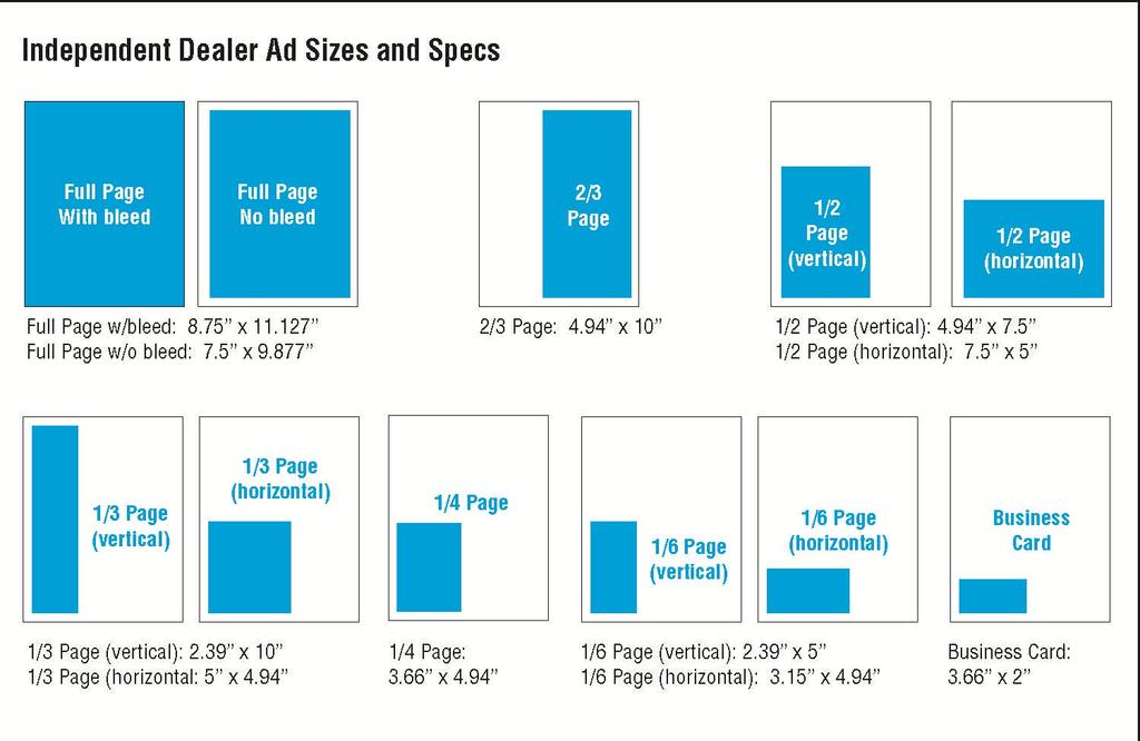 Independent Dealer Magazine Ad Sizes and Specs: Trim and Bleeds: Trim size is 8 1/2 x 11 No additional costs for bleeds (allow 1/8 bleed trim at all bleed edges).