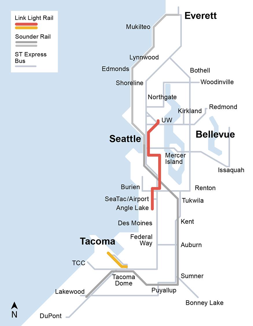 2016 Light rail University of Washington, Capitol Hill, Downtown Seattle, Sea-Tac Airport, Angle Lake Tacoma Dome