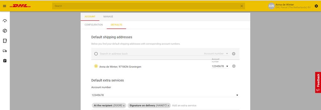 The yellow radio button indicates the address set as a default shipping and pickup address. All addresses you add here can be used as shipping addresses in new shipment.