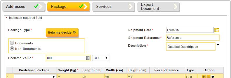NEW SHIPMENT PACKAGE Please enter the shipment reference, content description and piece details for your shipment. Package Type Choose a package type - Documents / Non-Documents.