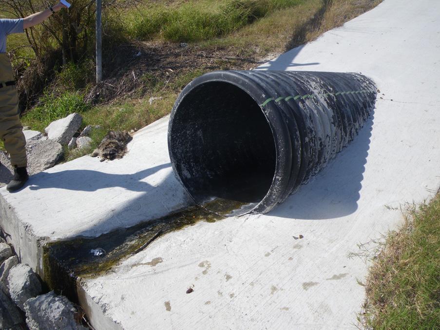 OCB050 OCB050 is located at near OCB051 off of Cabaniss Pkwy. This is a large plastic pipe that flows into the same ditch as OCB051. The pipe is just behind the Cabaniss Field parking lot.