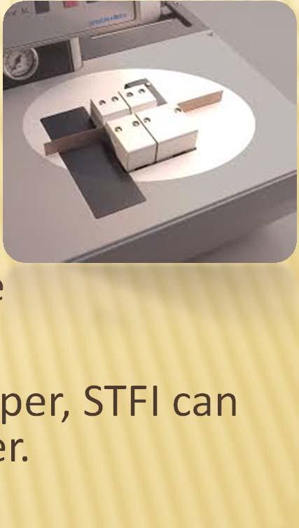 SHORT SPAN COMPRESSION TEST (STFI) TAPPI T826 Measures the paper s compressive strength unaffected by the paper s other properties Procedure: Cut 15mm inch piece of paper in cross direction, insert