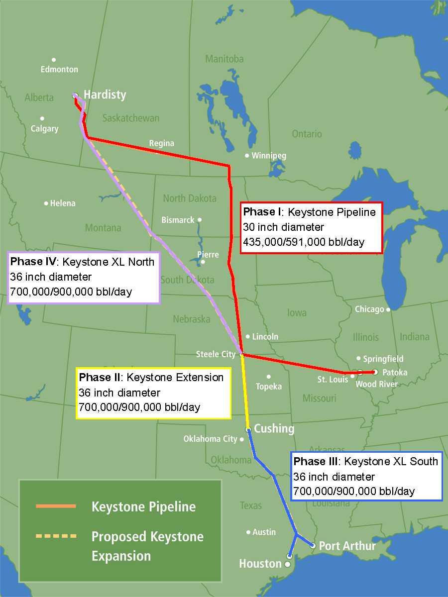 TransCanada calls its first new pipeline the Keystone Pipeline, which is currently operational and is designed to move 591,000 bbl of crude oil per day to Illinois refineries.