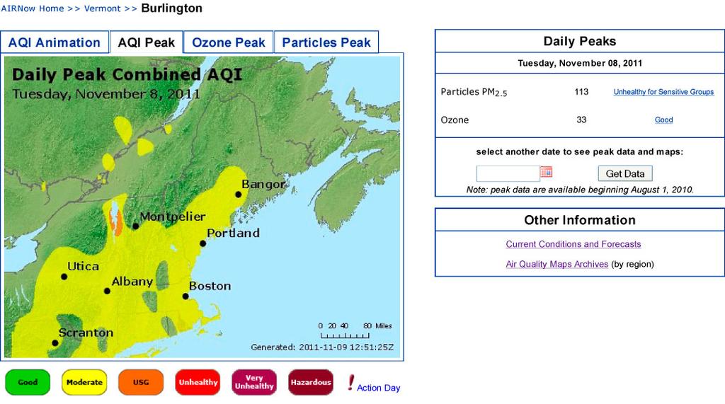 Air Pollution Below is an Environmental Protection Agency air pollution map for Vermont. Some days are better, some days are worse, but Vermont s air quality is already compromised.