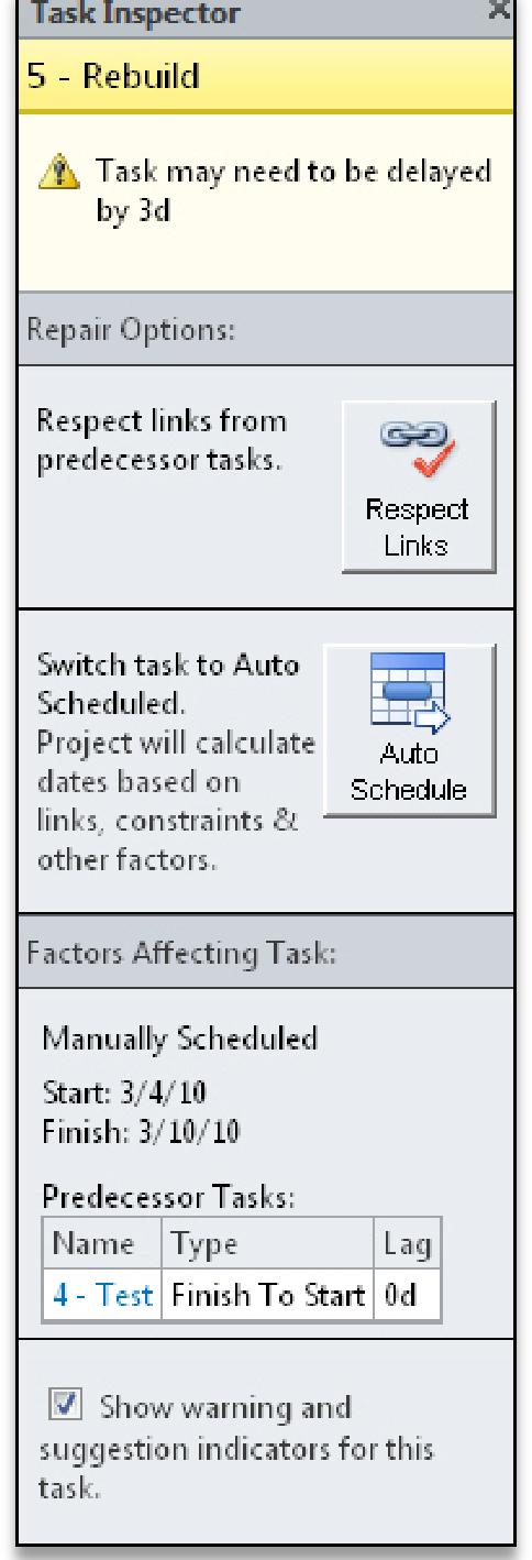 What s New Task Planning click the Inspect button in the Tasks section of the Task ribbon. The system displays the Task Inspector on the left side of the application window.