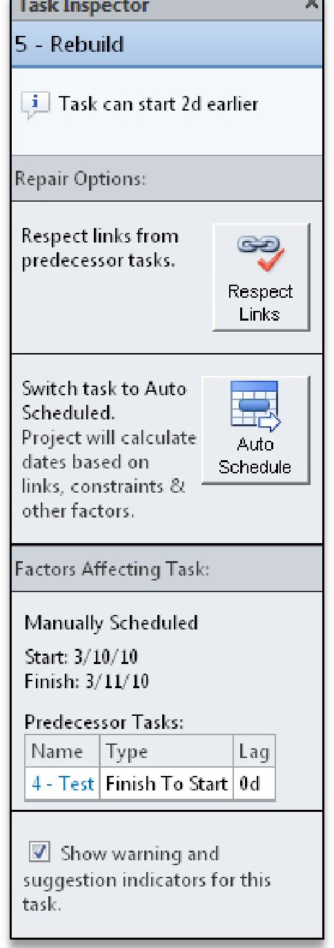 For example, Figure 4 15 shows the Task Inspector for a Manually Scheduled task with a schedule Warning.