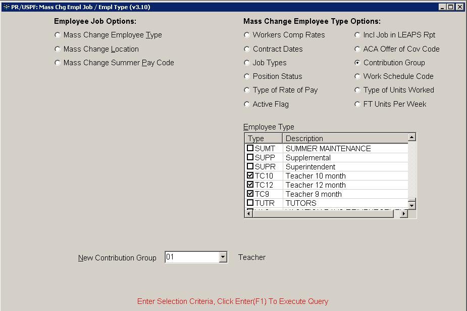 Mass Change Employee Job/Employee Type The following RSA codes can be mass assigned to Employee Types using the Mass Chg Empl Job/Empl Type (PR/USPF) transaction: Contribution Group Position Status
