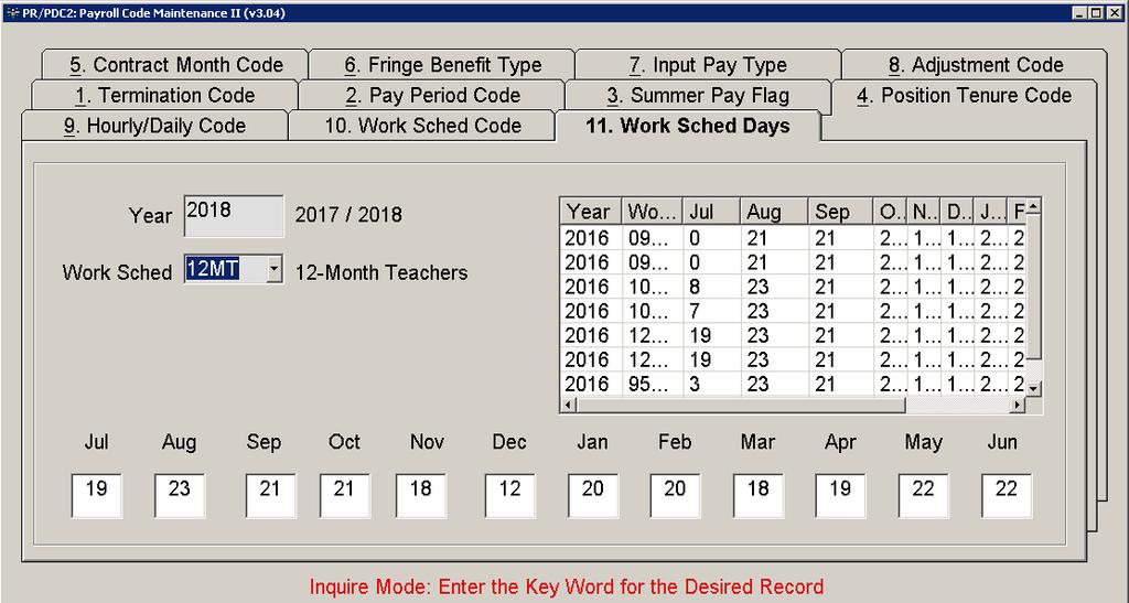 Work Schedule Days For each Work Schedule Code defined on Tab 10, you must identify the Actual Employee Work Days Per Pay Period for the year.