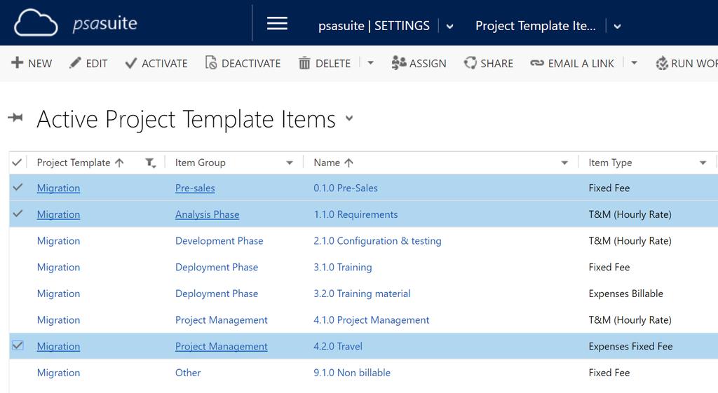 Check the project template items you want to delete, ie. 0.1.0 Pre-Sales, 1.