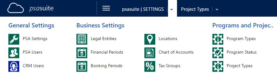 STEP 1: Create a project type. 3.2 PROJECT & PROGRAM TYPES AND STATUS Under psasuite SETTINGS navigate to Project Types. In the command bar click + New.