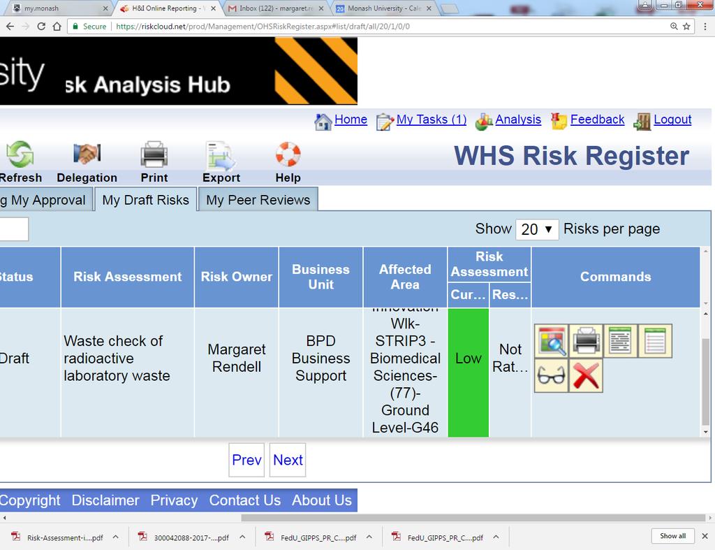 Then exit back to the main SARAH Risk Assessment page. You will now have a tab My Draft Risks.