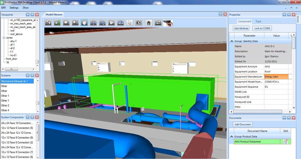 The EcoDomus software opens a 3D view of the equipment that