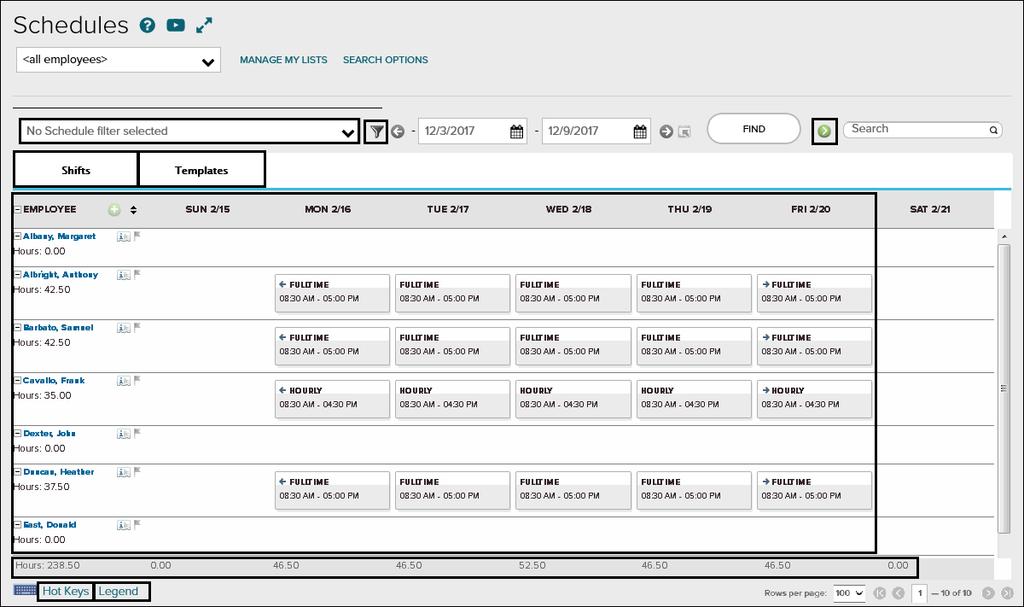 Explore: The Schedules Page Elements and Descriptions Element (filter) (action) Shifts tab Templates tab Scheduling grid Totals row Hot Keys link Legend link Description When clicked, allows you to