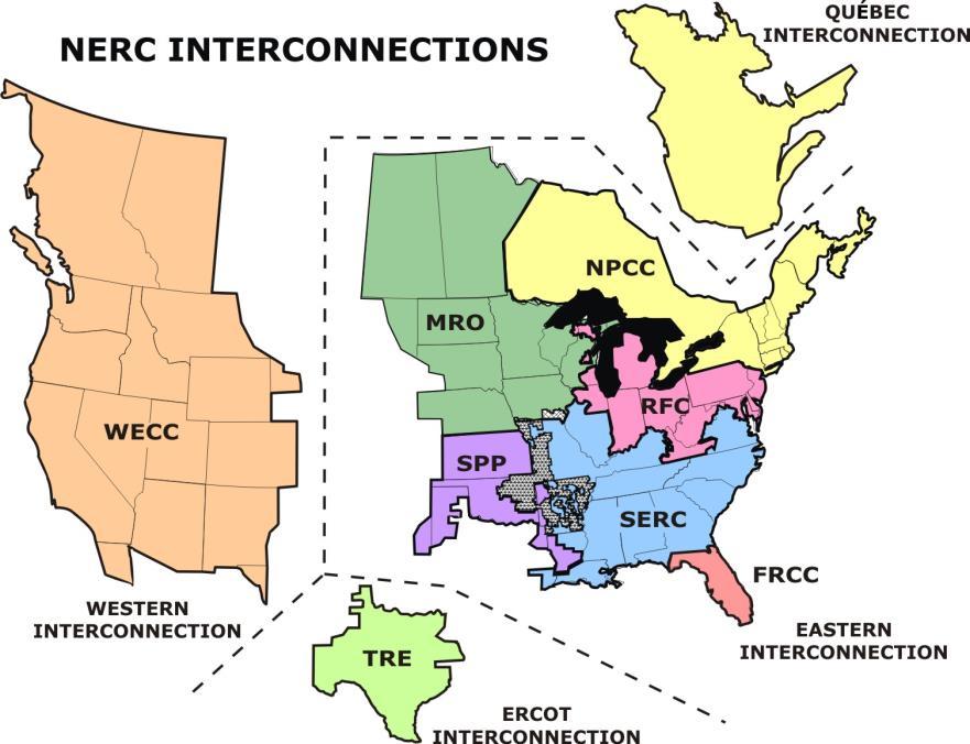 Canadian provinces except Québec; the Western Interconnection, from the Rockies to the Pacific Coast, again including adjacent Canadian provinces; and the Electric Reliability Council of Texas